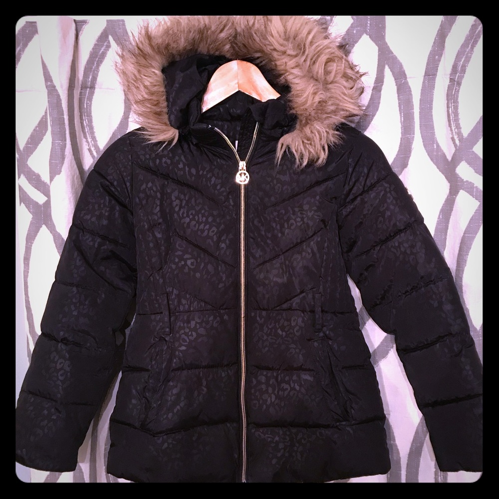 MICHAEL KORS Girls 10/12 Black Leopard Puff Jacket